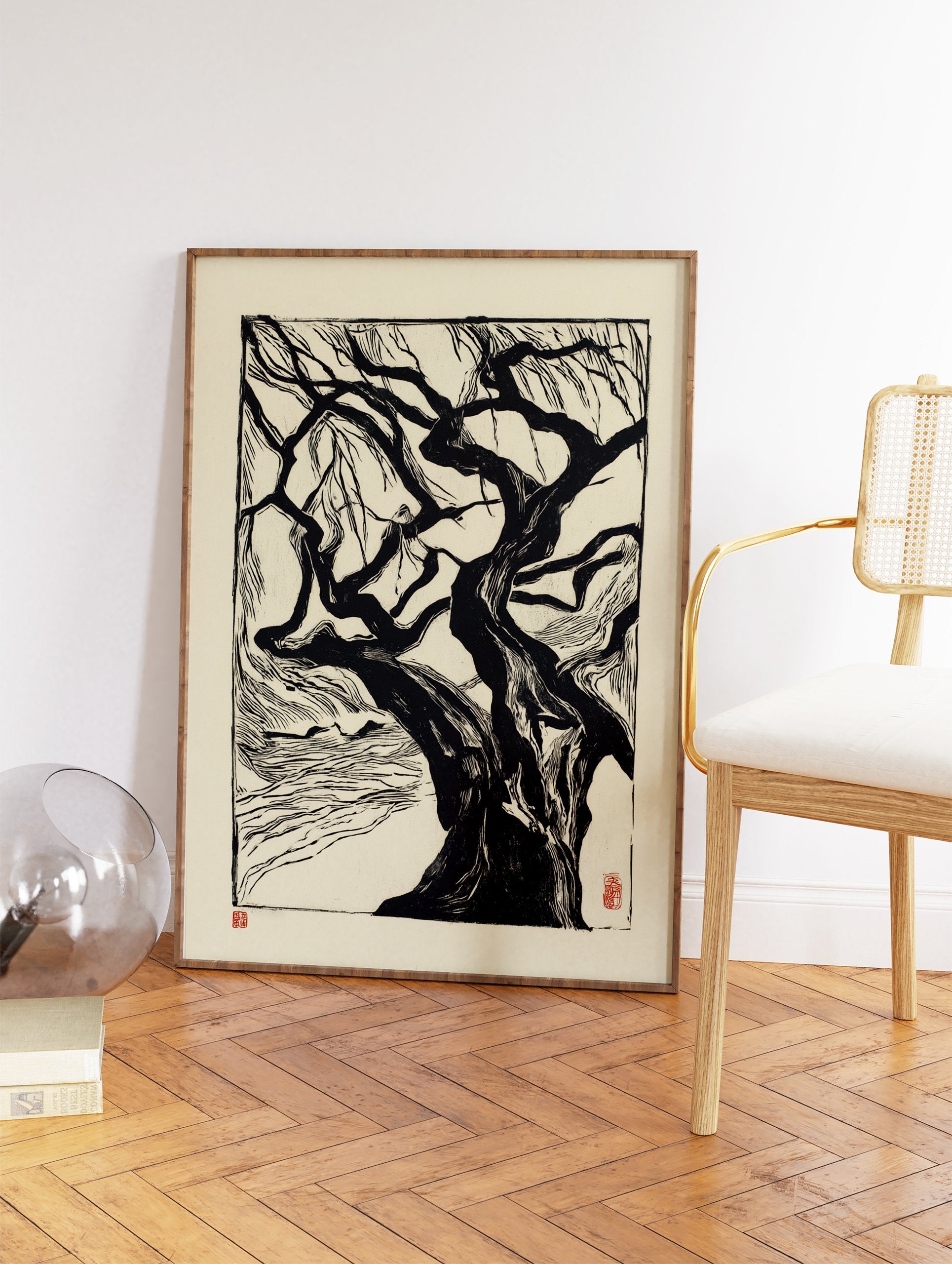 Black and white linocut print of a gnarled tree with exposed roots on light paper, featuring red artist seals. Tree wall art. - Image 2