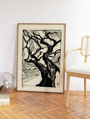 Black and white linocut print of a gnarled tree with exposed roots on light paper, featuring red artist seals. Tree wall art. - Image 2