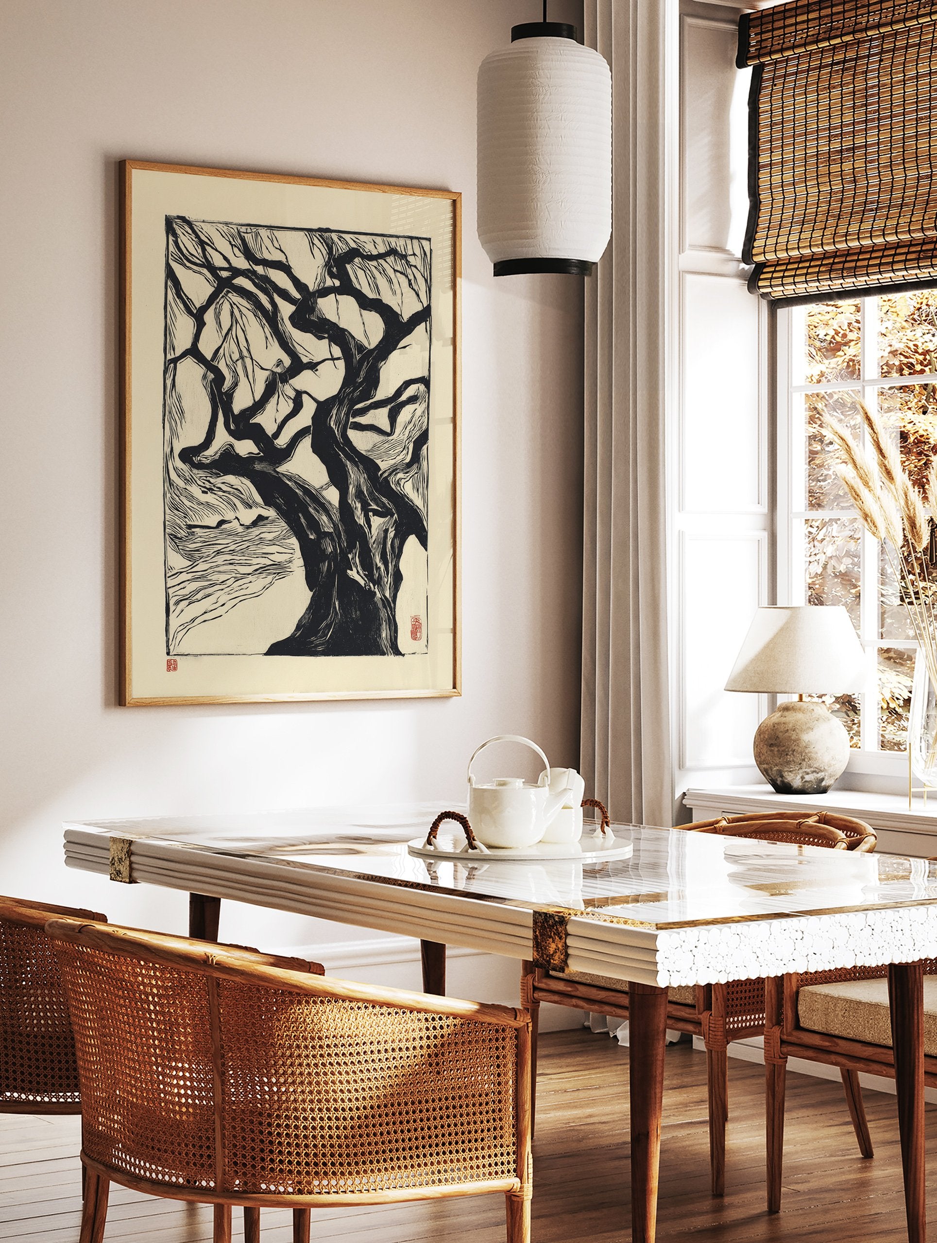 Black and white linocut print of a gnarled tree with exposed roots on light paper, featuring red artist seals. Tree wall art. - Image 3