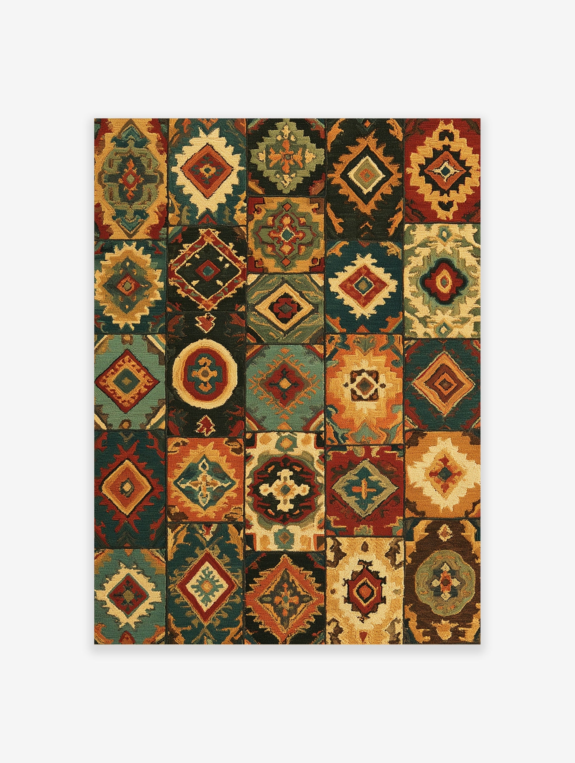Tribal Kilim patchwork print with geometric diamond and medallion patterns in earthy teal, rust, and mustard tones