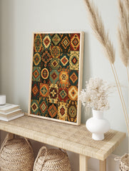 Tribal Kilim patchwork print with geometric diamond and medallion patterns in earthy teal, in an alternate framed mockup