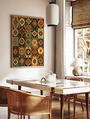 Tribal Kilim patchwork print with geometric diamond and medallion patterns in earthy teal, rust, in a styled room mockup