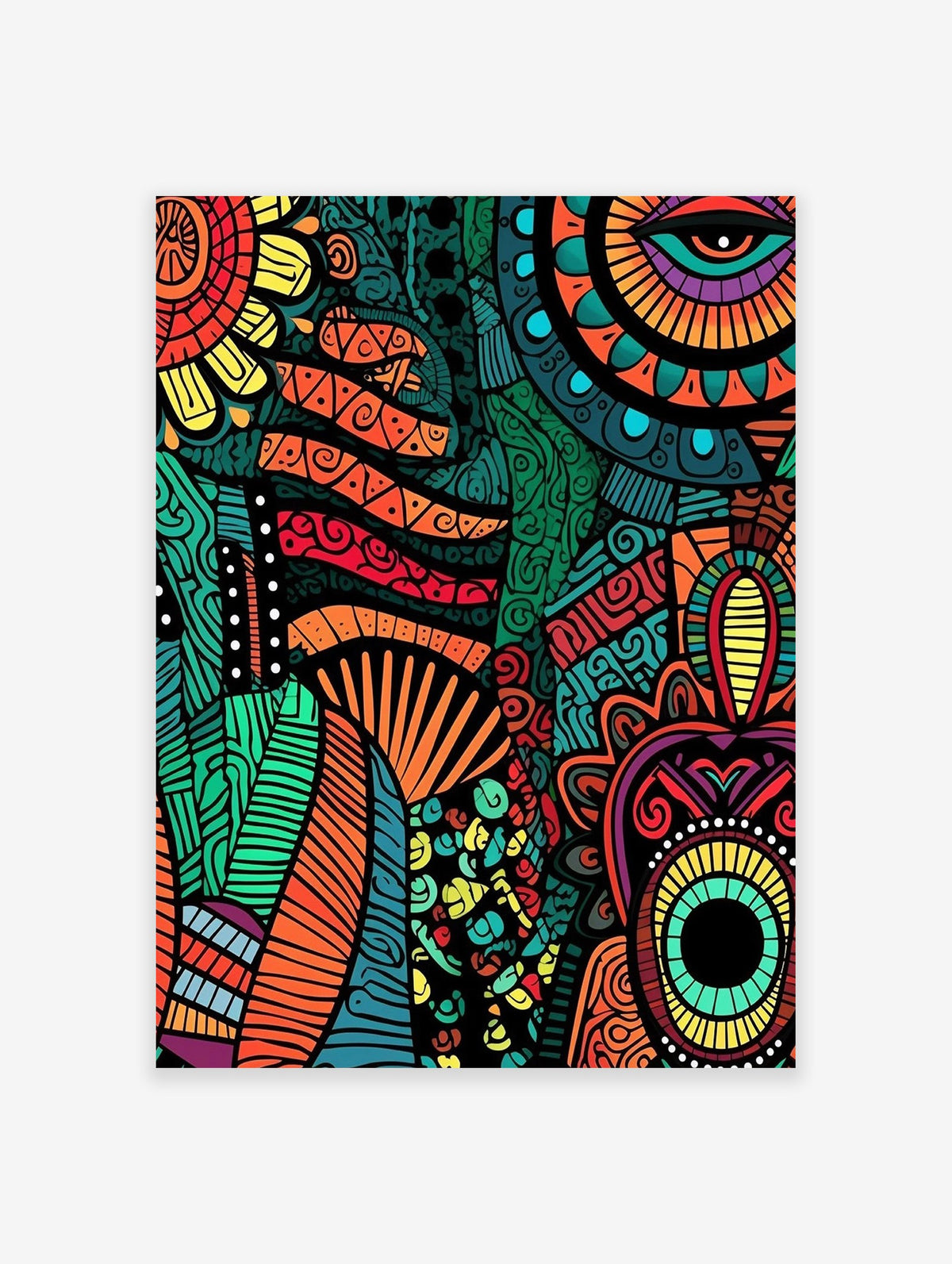 Vibrant tribal patterned poster with abstract eye and sun motifs in orange, green, red, and yellow hues on a black background.