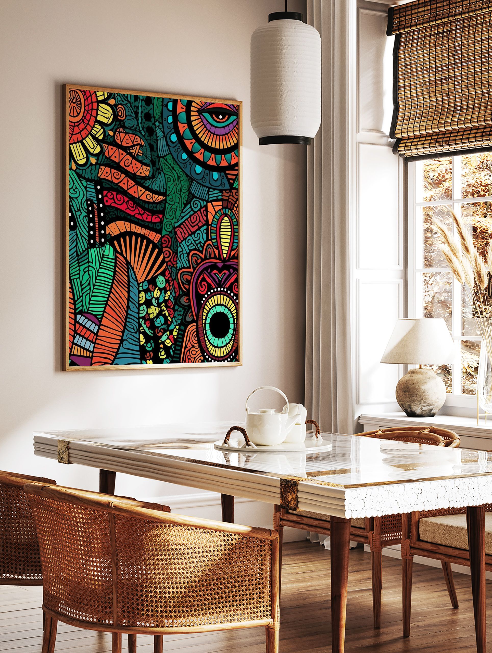 Vibrant tribal patterned poster with abstract eye and sun motifs in orange, green, red, and yellow hues on a black background. - Image 2