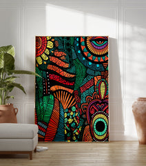 Vibrant tribal patterned poster with abstract eye and sun motifs in orange, green, red, and yellow hues on a black background. - Image 3