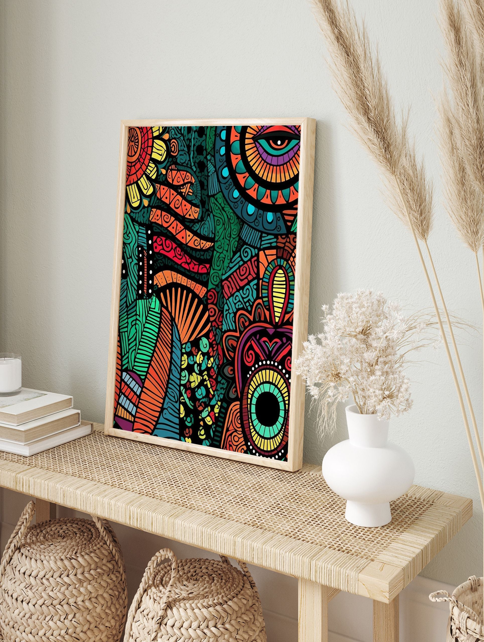 Vibrant tribal patterned poster with abstract eye and sun motifs in orange, green, red, and yellow hues on a black background. - Image 4