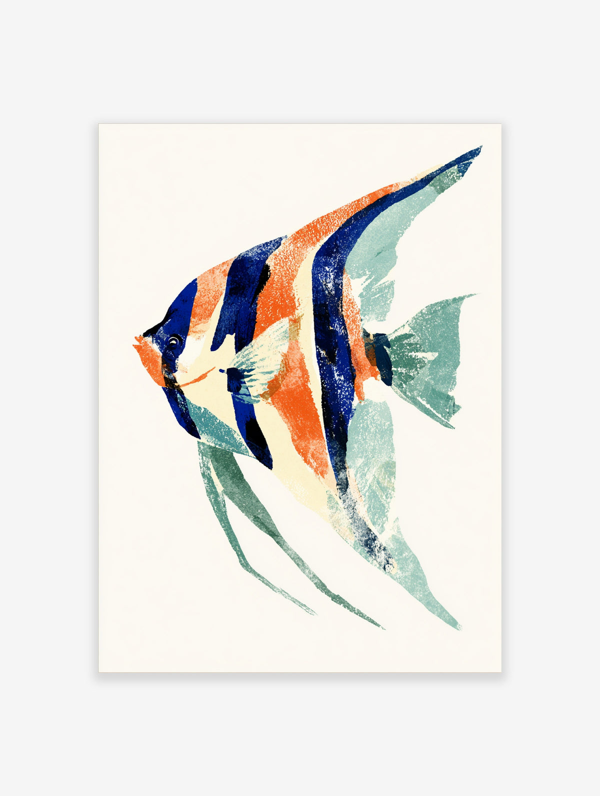 Tropical angelfish poster with orange, navy and teal brushstrokes on a pale background