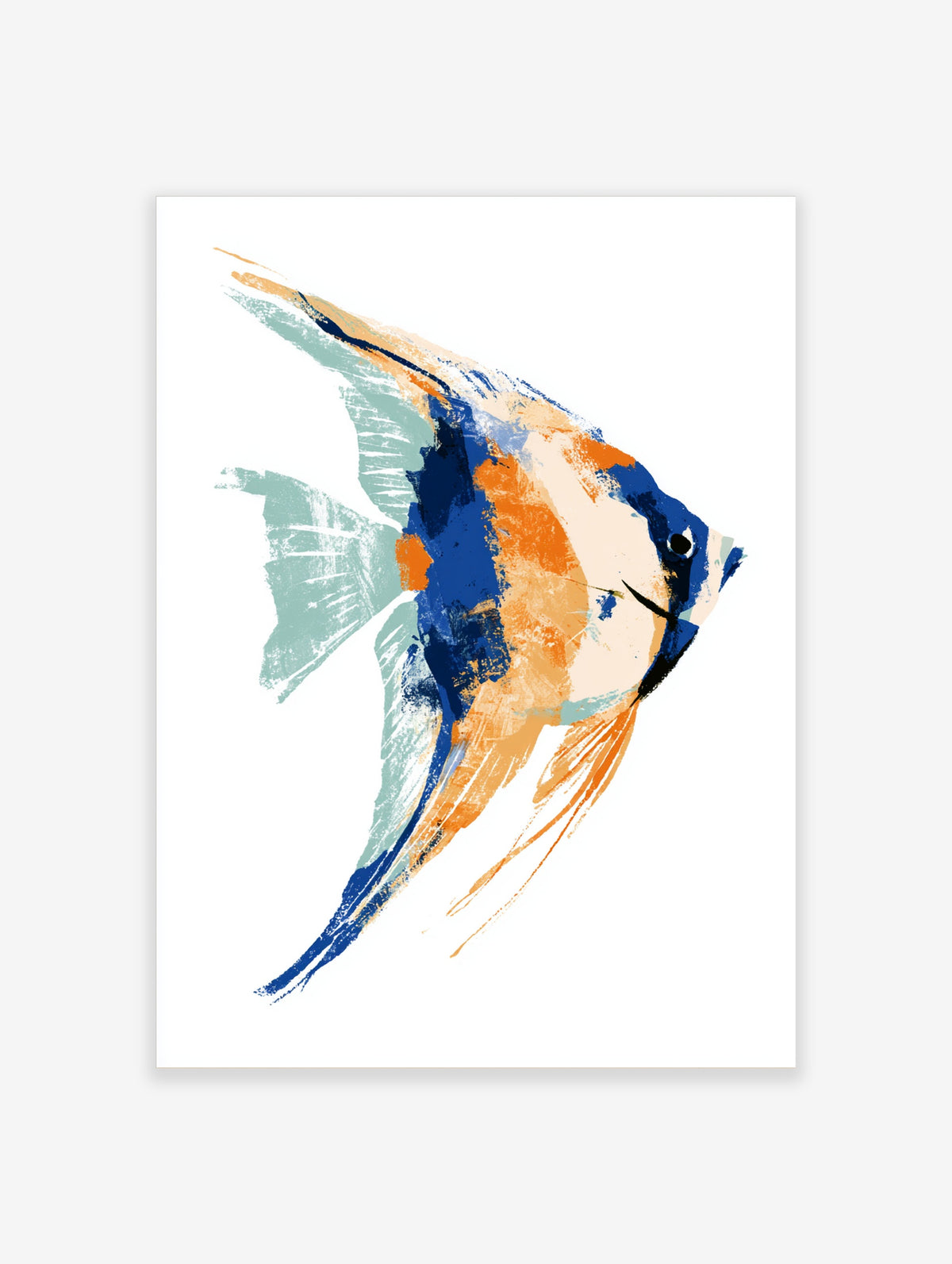 Tropical angelfish art print with blue and orange brushstrokes on white background