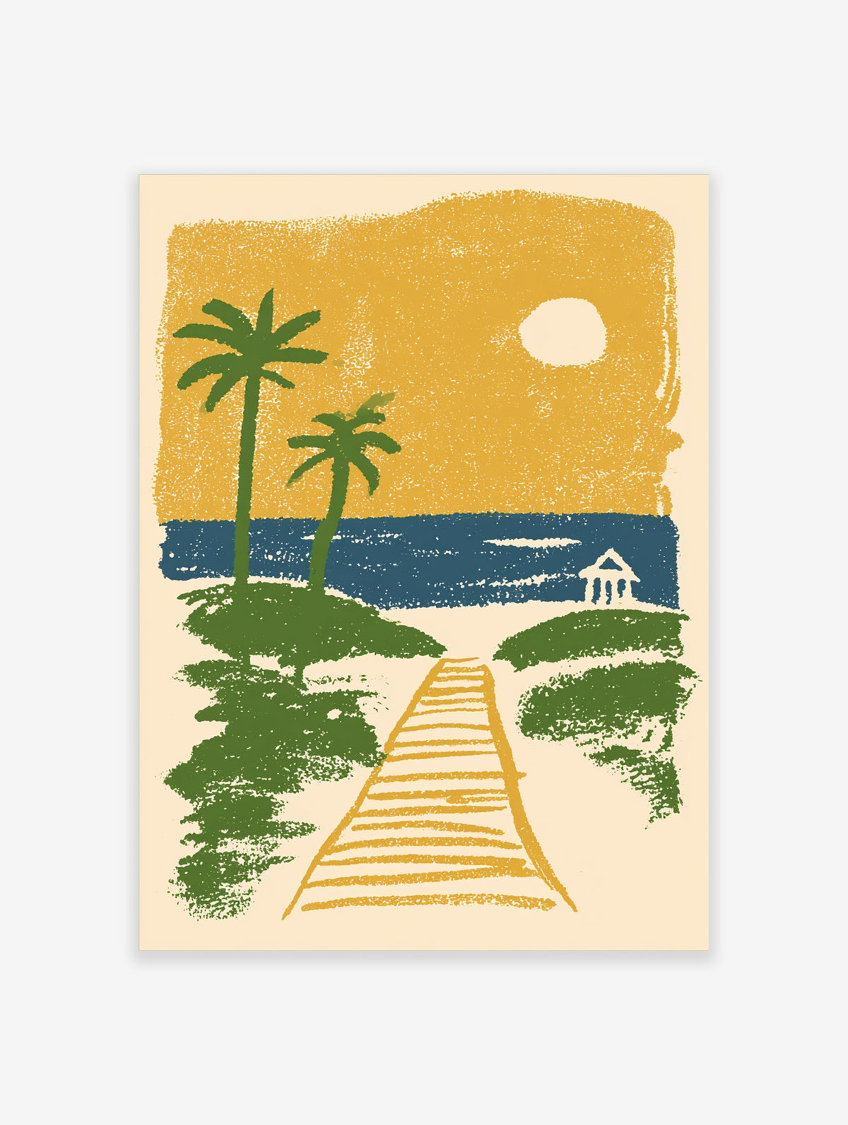 Tropical beach boardwalk poster with palm trees, yellow sun, blue sea, and white pavilion