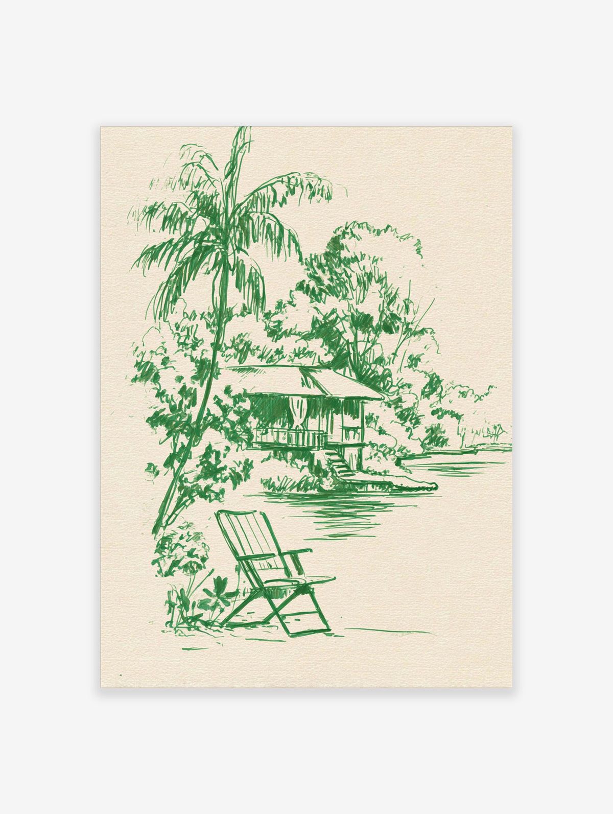 Green line art sketch of a tropical beach hut with palm tree and deck chair by water on cream background
