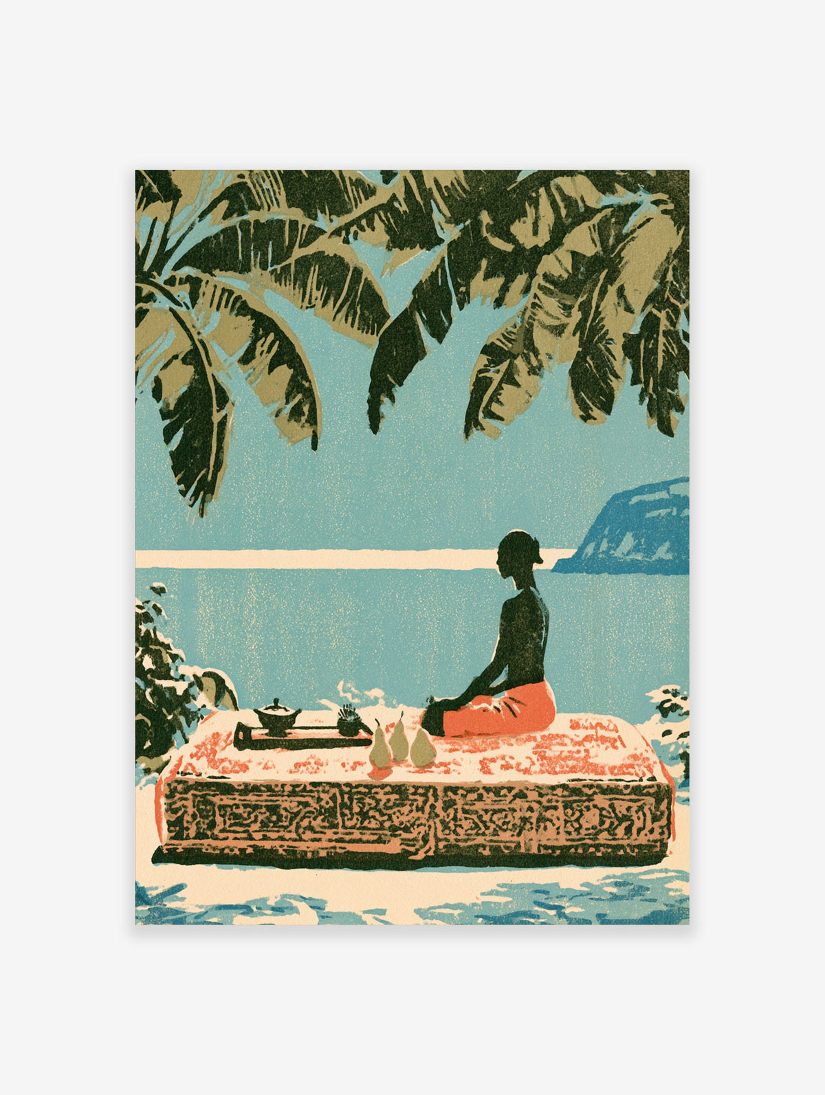 Tropical beach meditation art print with silhouetted figure, palm leaves, ocean, and patterned platform
