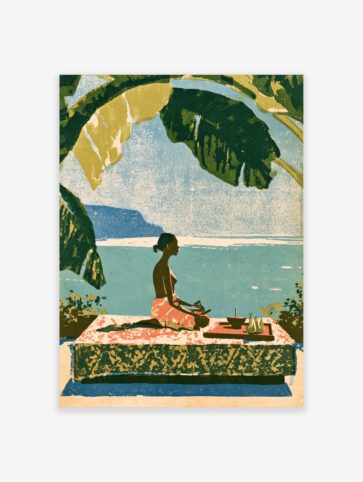 Tropical beach meditation art print with seated figure in pink, banana leaves, and blue ocean