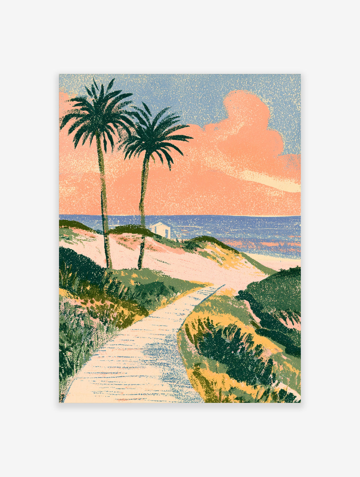 Tropical beach path poster with palm trees, pink dunes, blue ocean and peach sunset sky