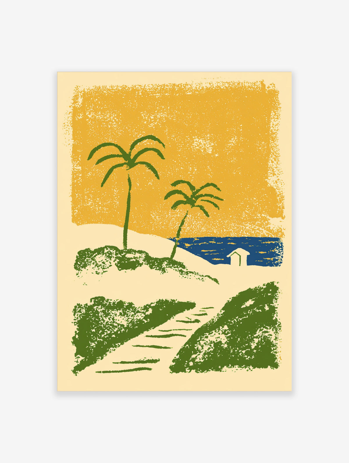 Tropical beach poster with two green palm trees, blue sea, white hut, and yellow textured sky