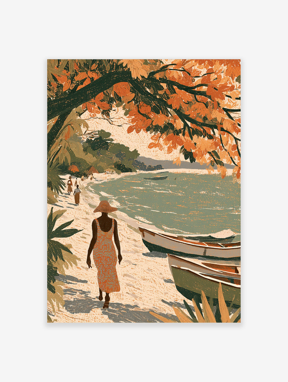 Illustrated tropical beach scene with a figure in a sun hat, boats on sand, and orange foliage, textured art print