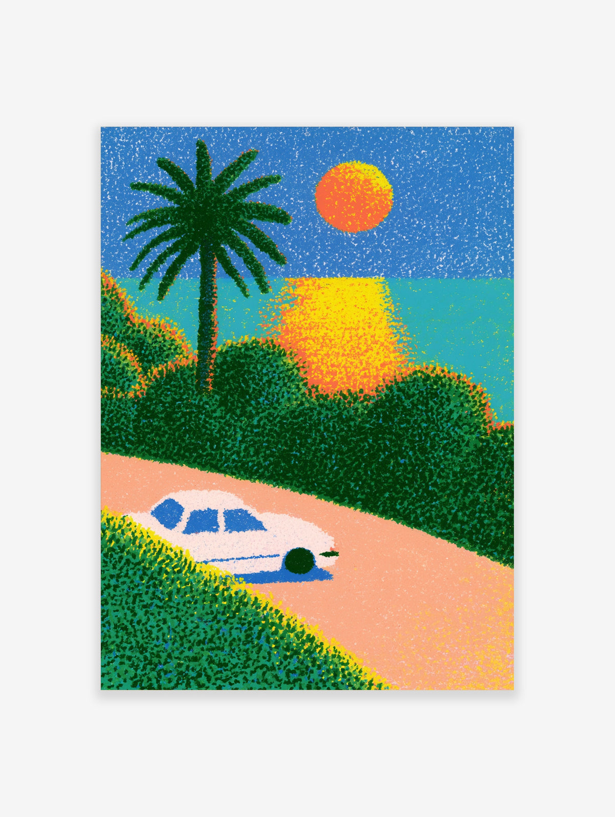Tropical beach sunset poster with palm tree, orange sun, turquoise sea, and white car on pink road