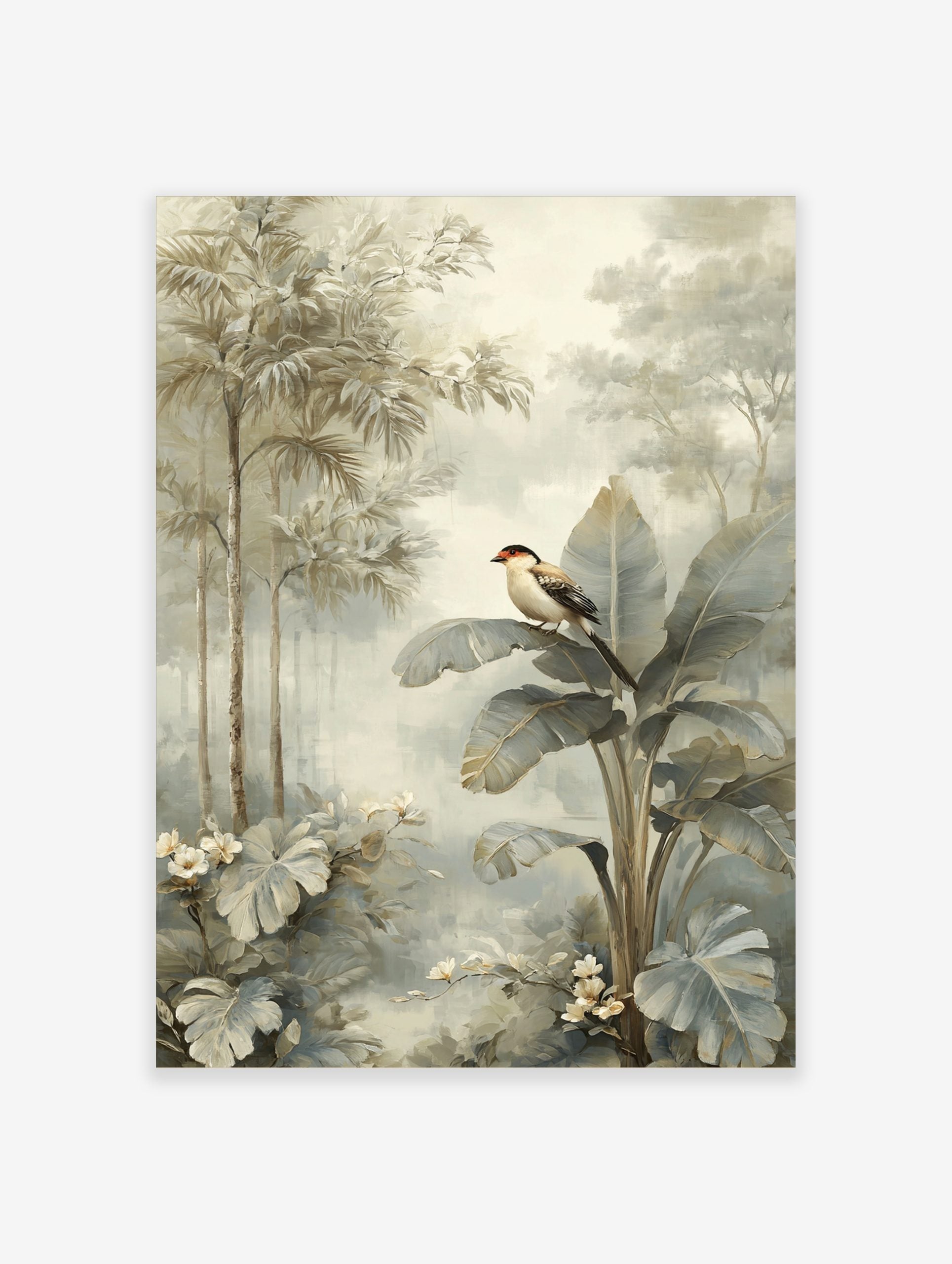 Tropical bird with red head perched on large banana leaf in muted jungle foliage art print