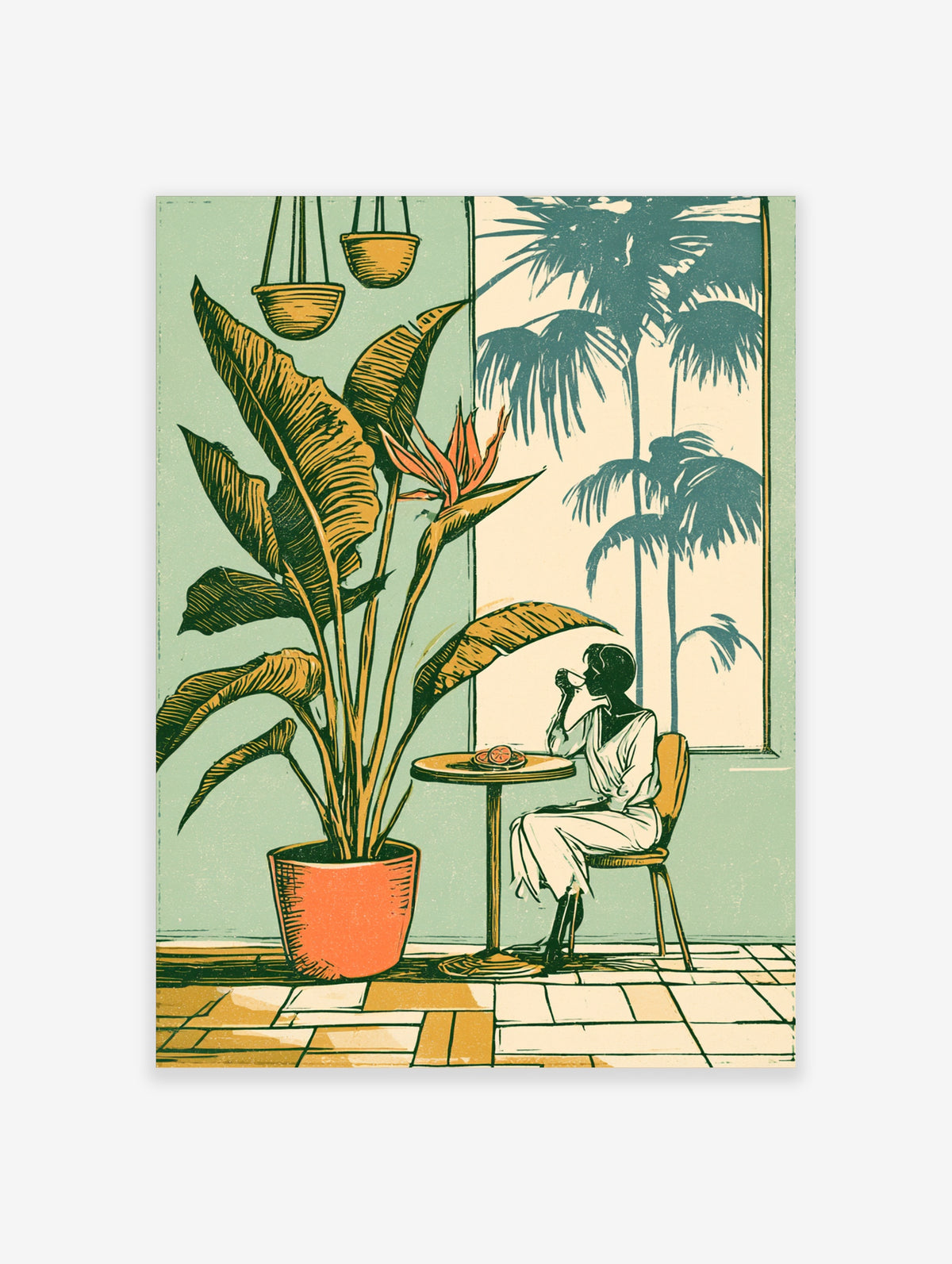 Tropical bird of paradise poster with woman drinking coffee at table, green wall and palm window view