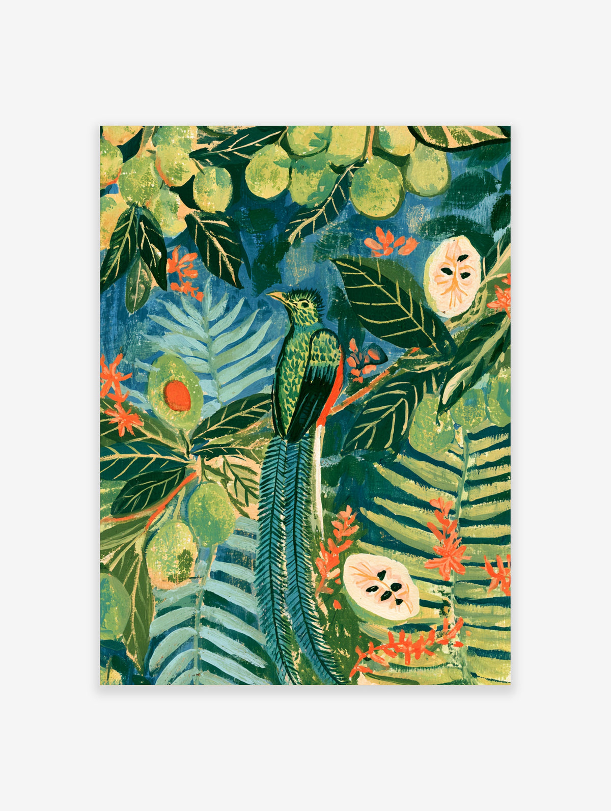 Tropical bird art print with green quetzal, guava fruit, and jungle leaves on blue background