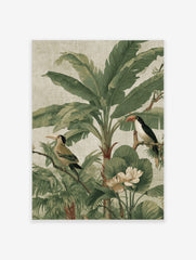 Tropical jungle illustration with a toucan, another bird, large banana leaves, and white flowers on a textured beige
