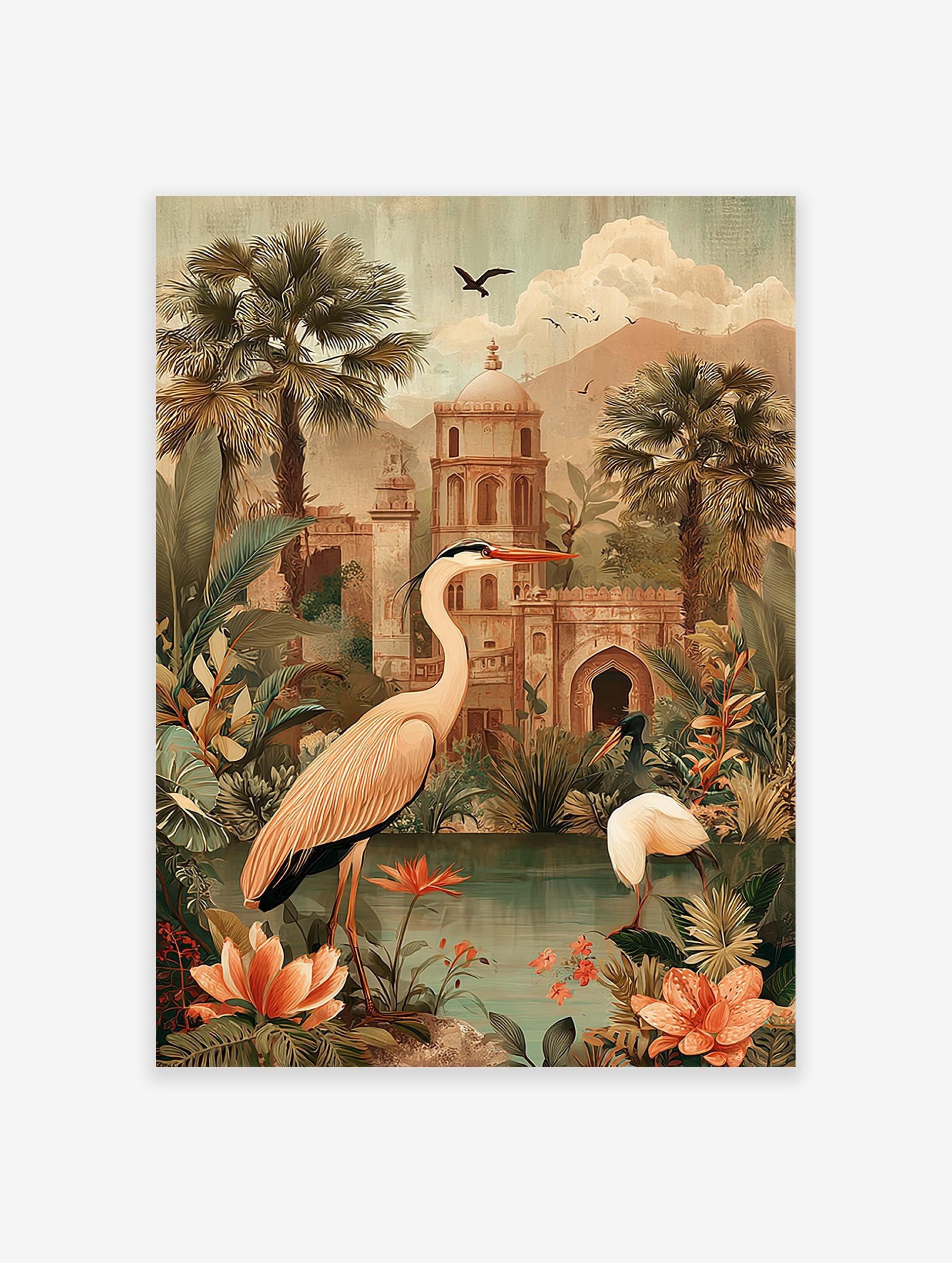 Poster depicting two tropical birds by a pond with lush foliage and an ancient domed temple in a vintage illustrative style.