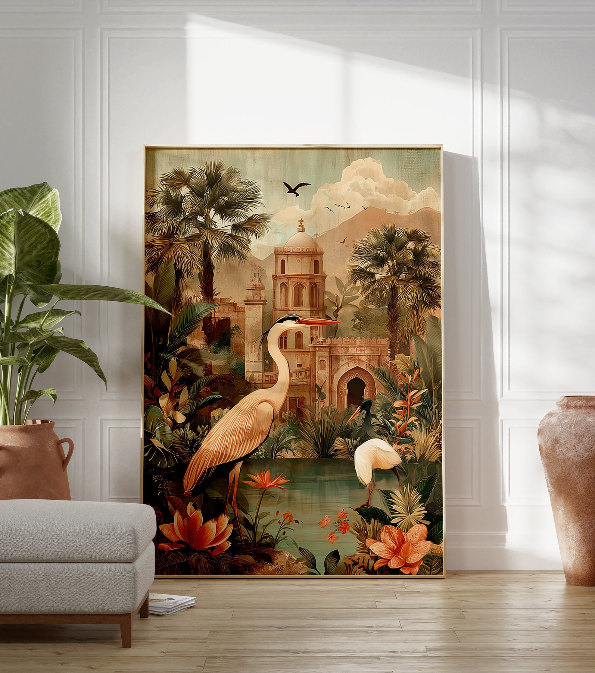 Poster depicting two tropical birds by a pond with lush foliage and an ancient domed temple in a vintage illustrative style. - Image 3