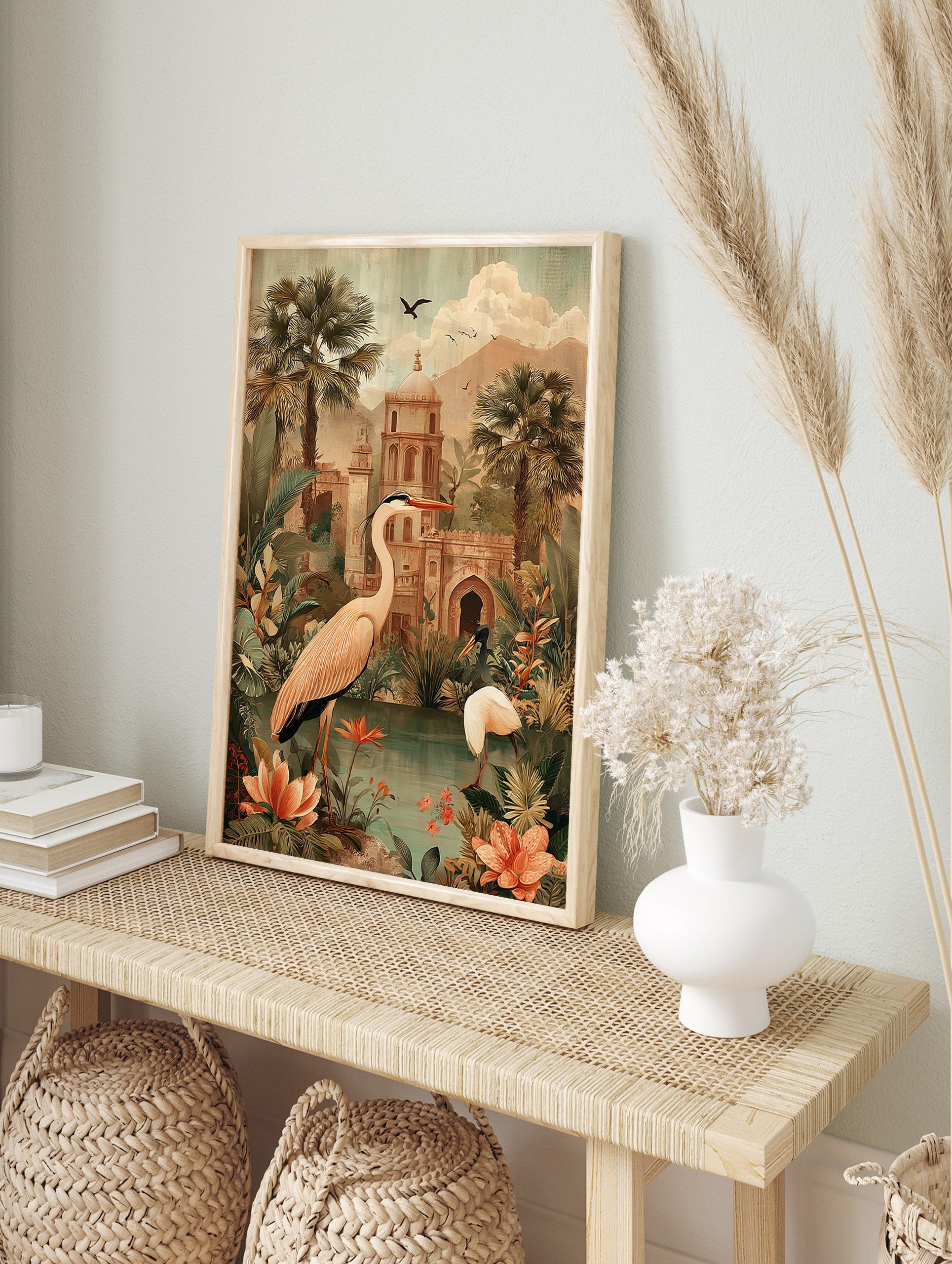 Poster depicting two tropical birds by a pond with lush foliage and an ancient domed temple in a vintage illustrative style. - Image 4
