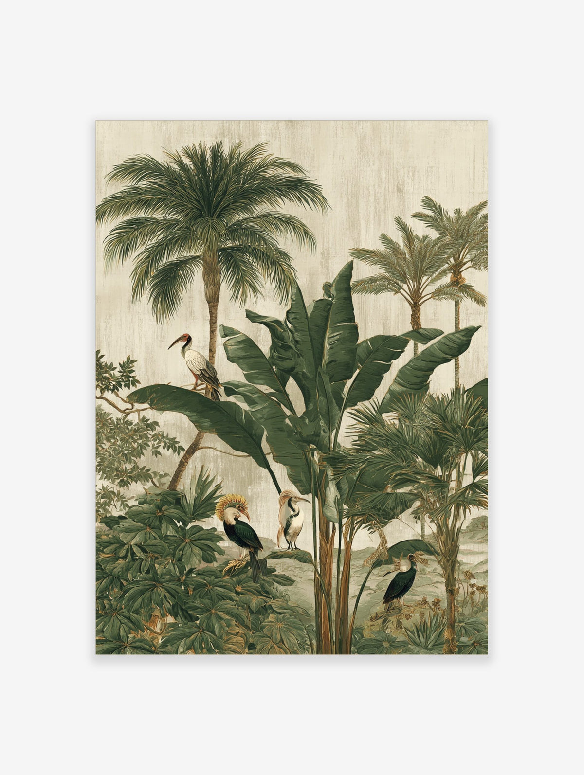 Illustrative jungle scene with tropical birds, palm trees, and large green leaves on a textured beige background