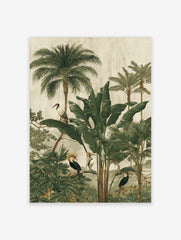 Illustrative jungle scene with tropical birds, palm trees, and large green leaves on a textured beige background