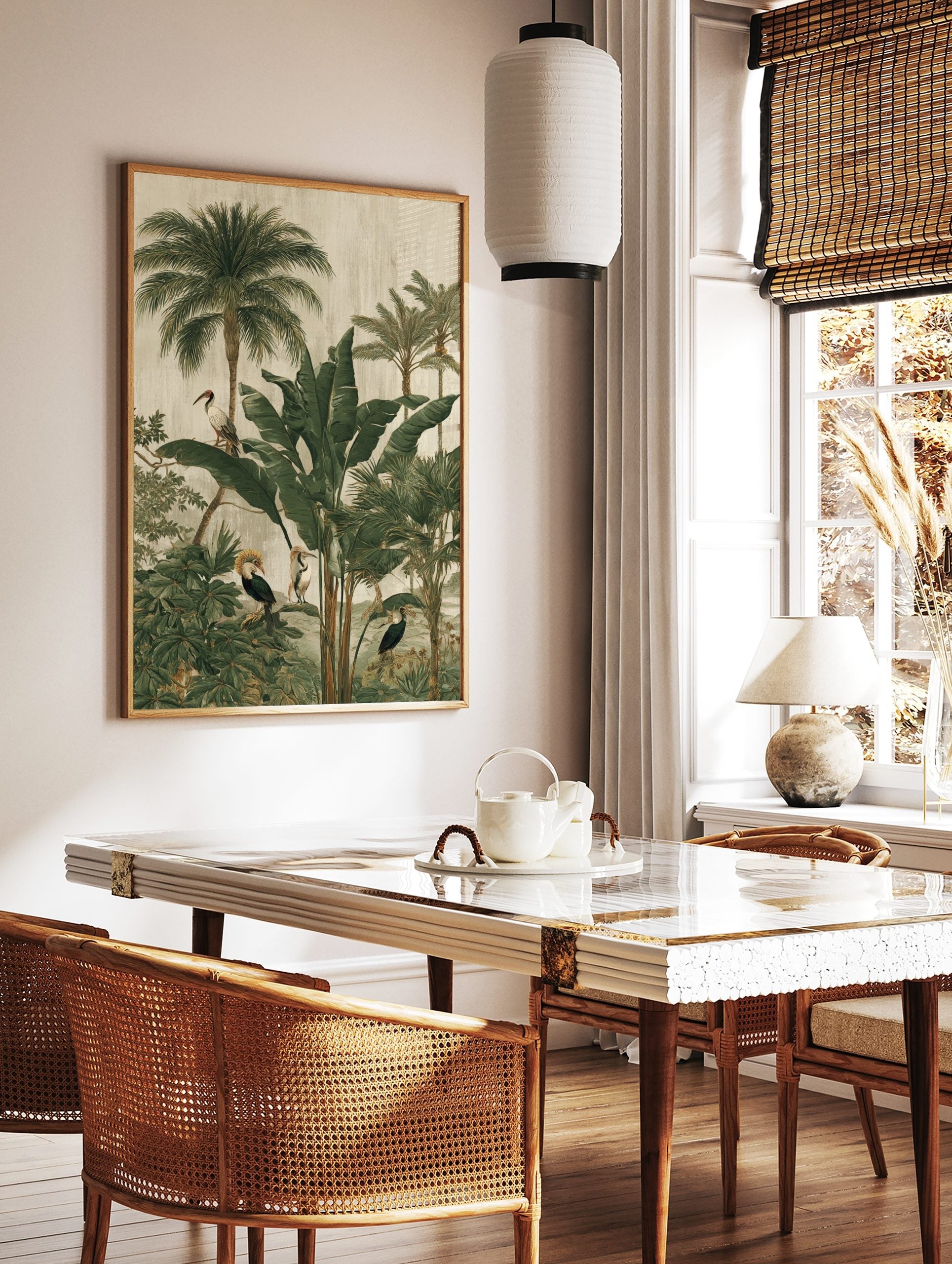 Illustrative jungle scene with tropical birds, palm trees, and large green leaves on a textured, in a styled room mockup
