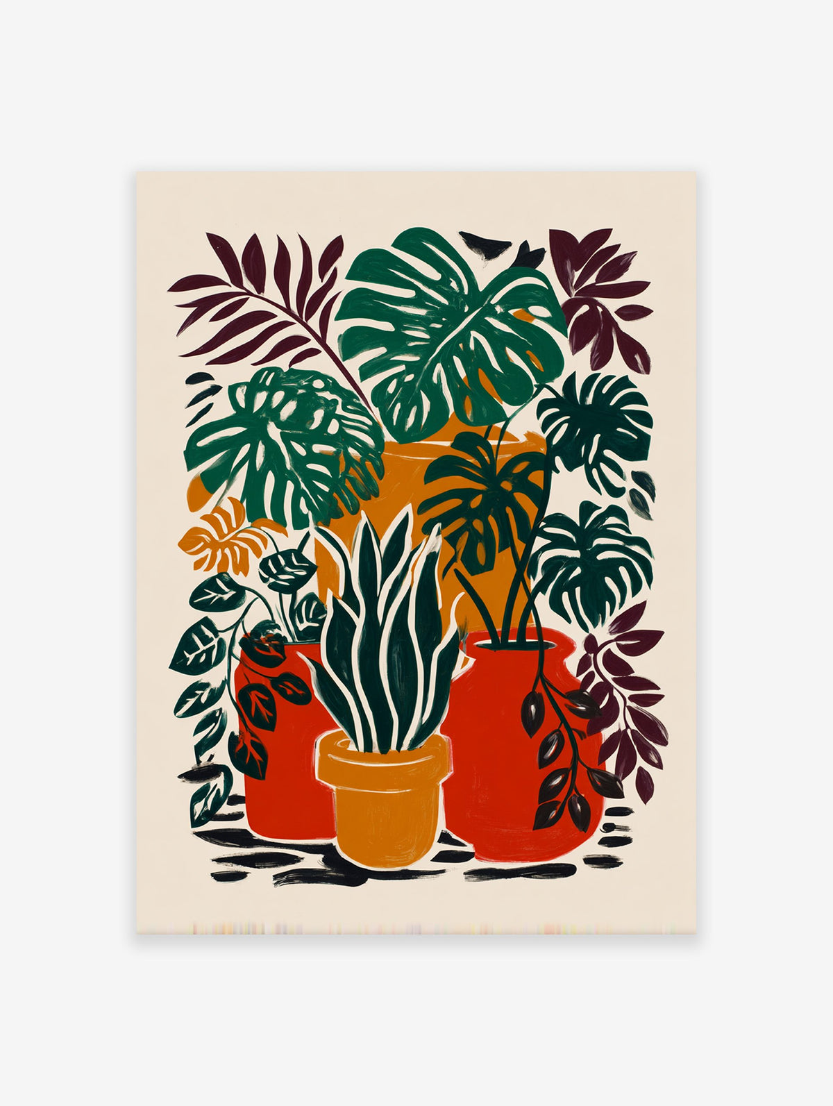 Tropical botanical poster featuring various green houseplants in red and orange pots with a cream background.