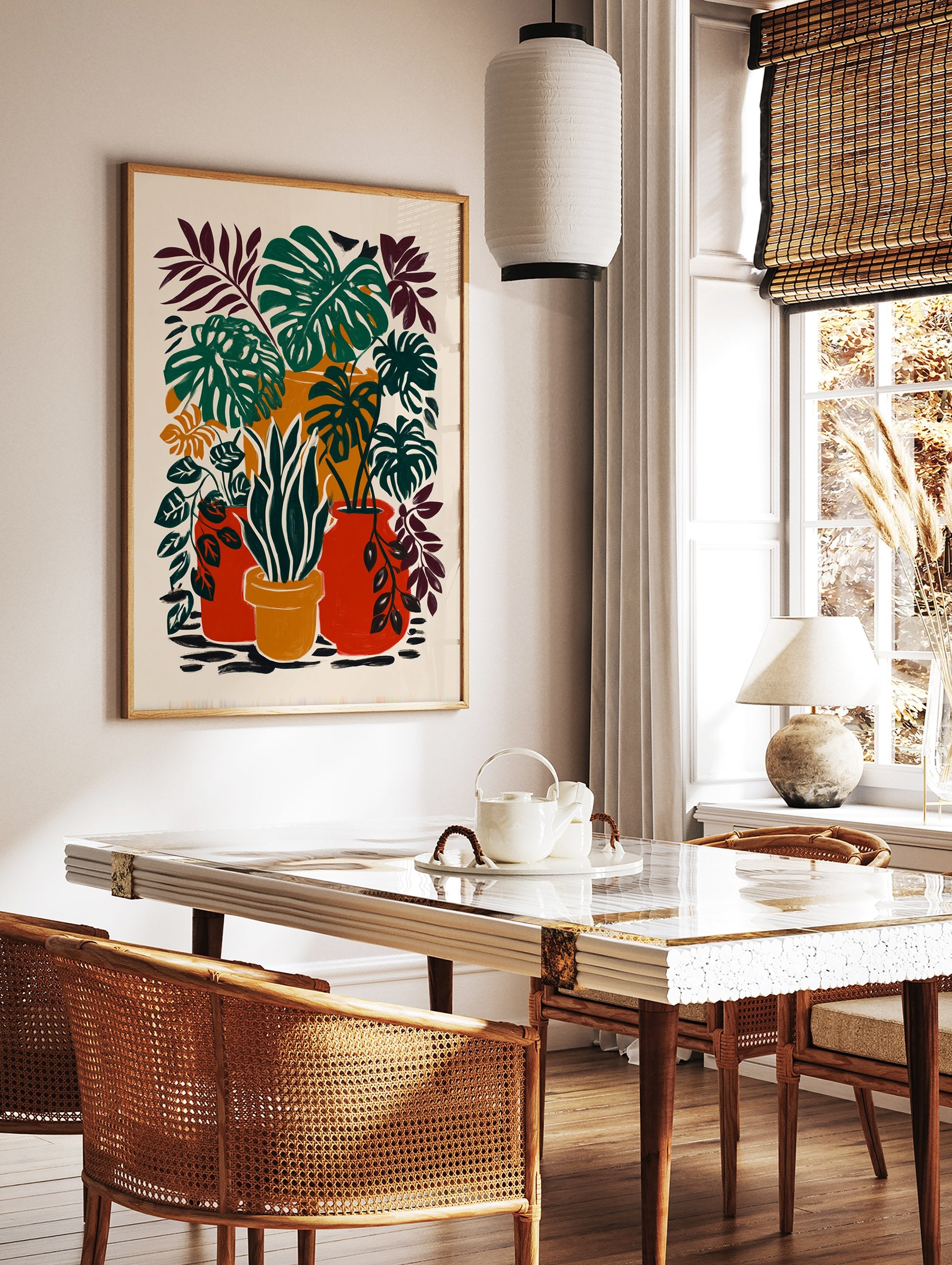 Tropical botanical poster featuring various green houseplants in red and orange pots with a cream background. - Image 2