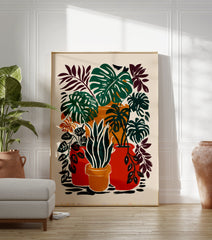 Tropical botanical poster featuring various green houseplants in red and orange pots with a cream background. - Image 3
