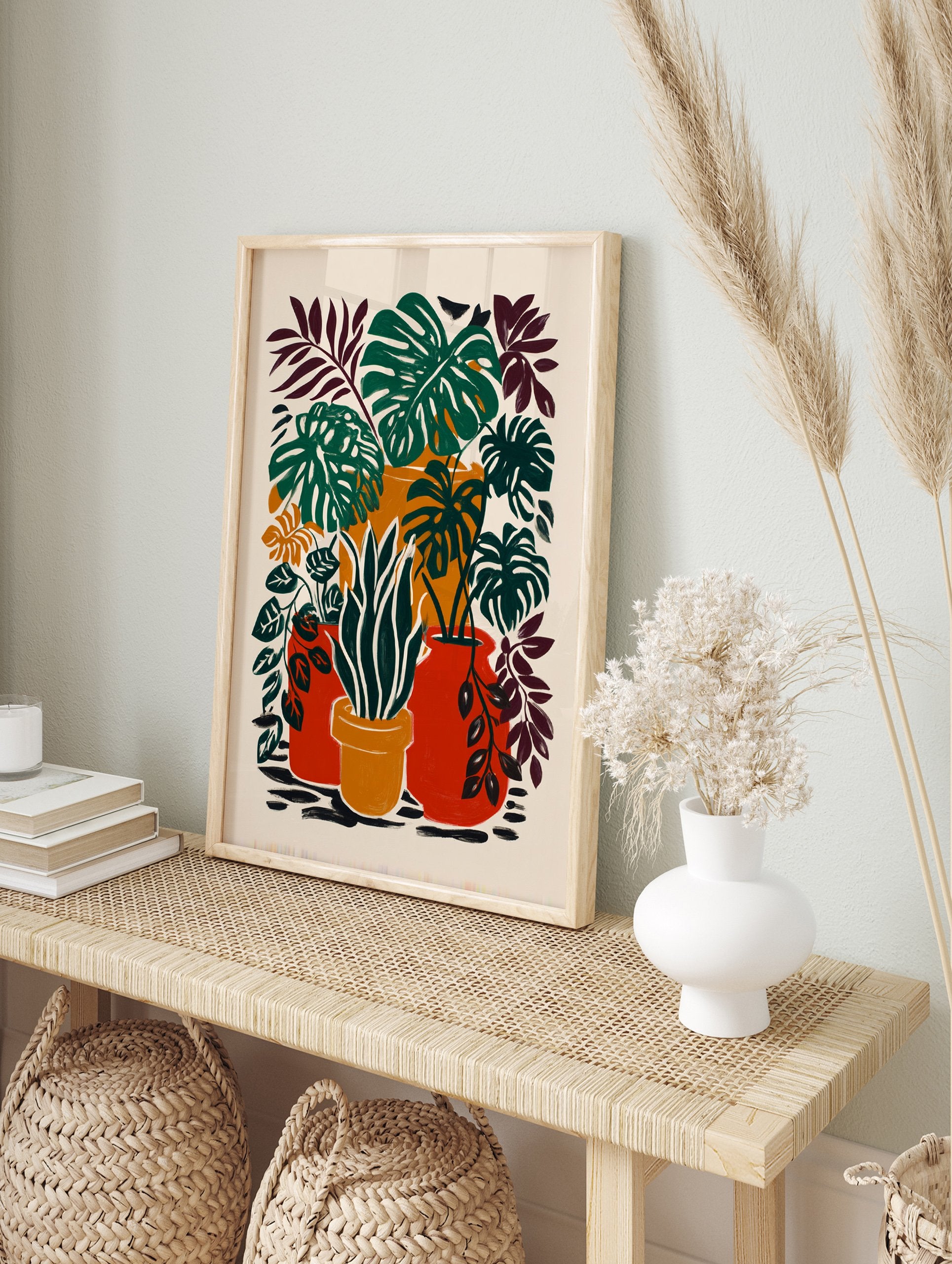 Tropical botanical poster featuring various green houseplants in red and orange pots with a cream background. - Image 4