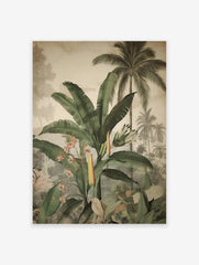 Tropical botanical poster featuring lush green banana leaves, pink flowers, and distant palm trees in a vintage illustration style.