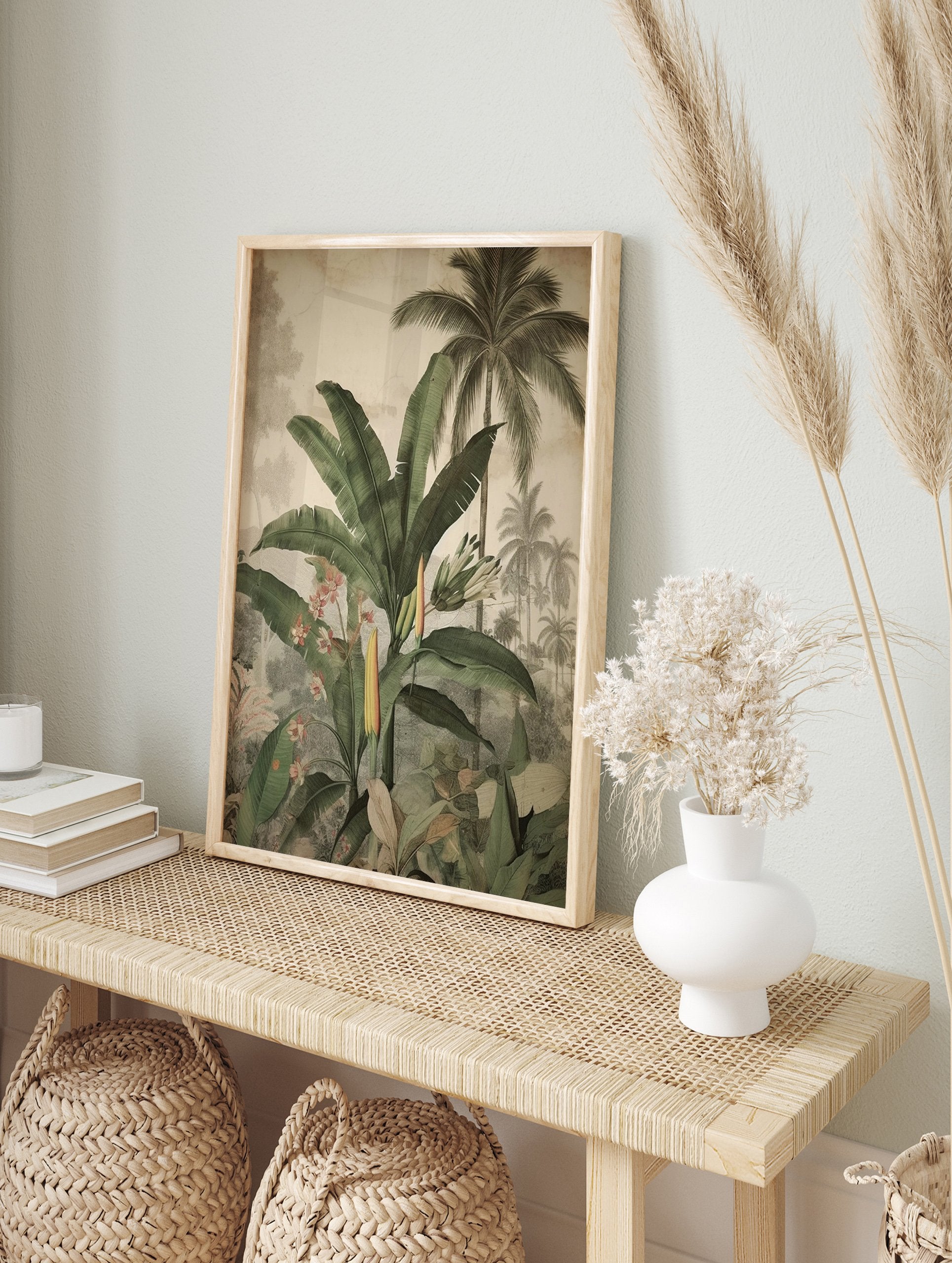 Tropical botanical poster featuring lush green banana leaves, pink flowers, and distant palm trees in a vintage illustration style. - Image 4