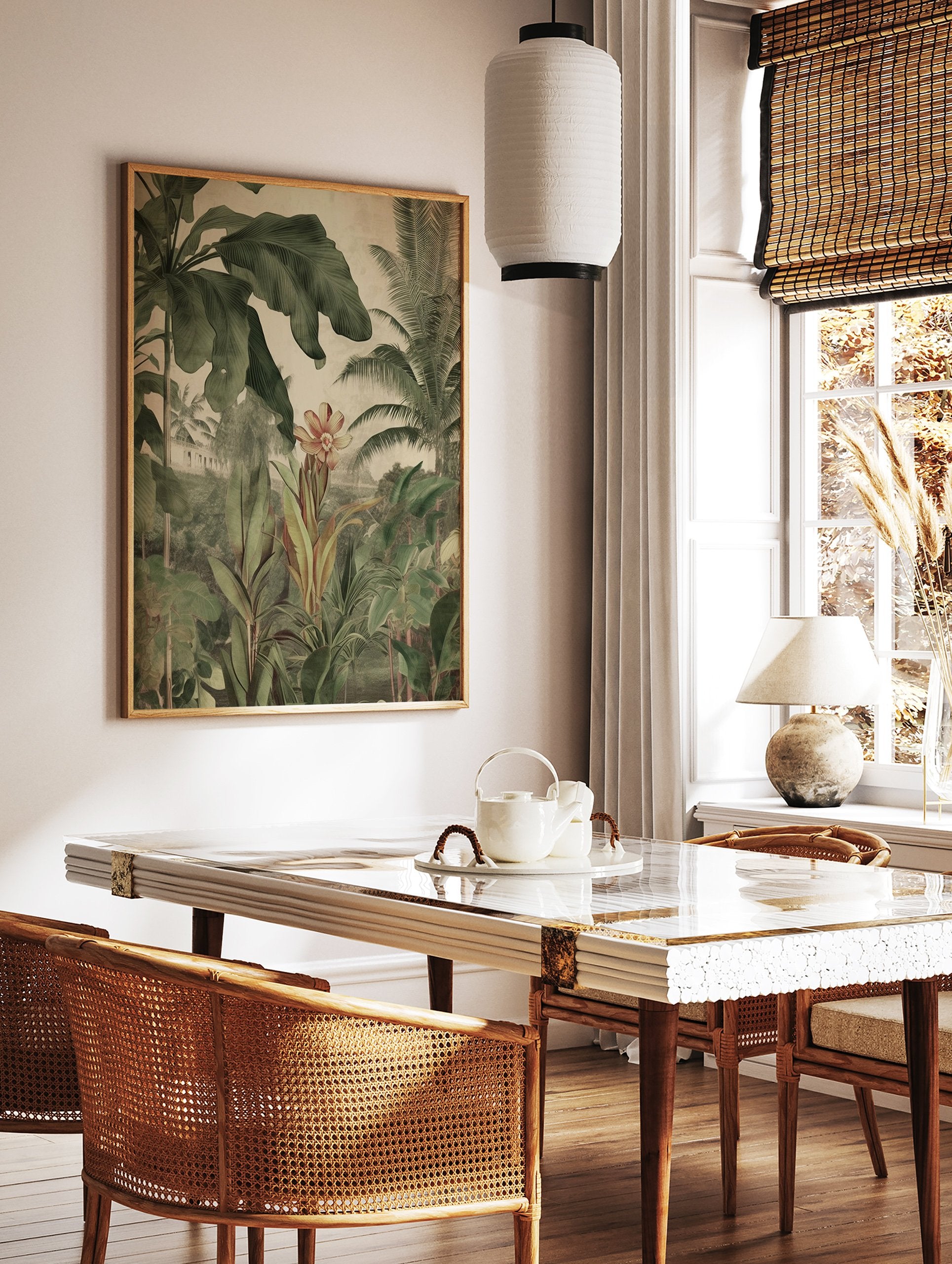 Tropical botanical poster with vintage jungle illustration featuring lush green leaves, a central orange flower, and distant buildings. - Image 2