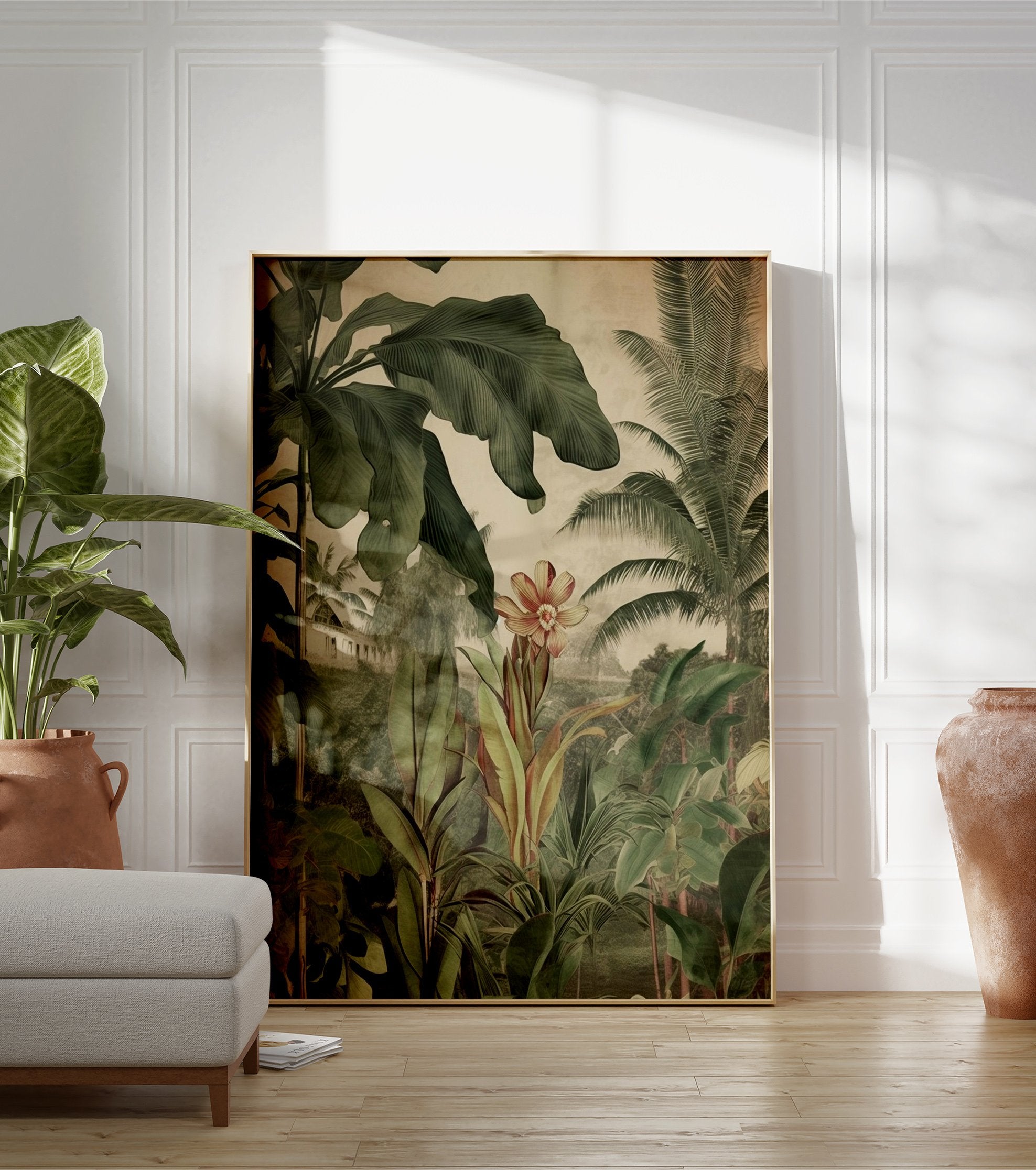 Tropical botanical poster with vintage jungle illustration featuring lush green leaves, a central orange flower, and distant buildings. - Image 3