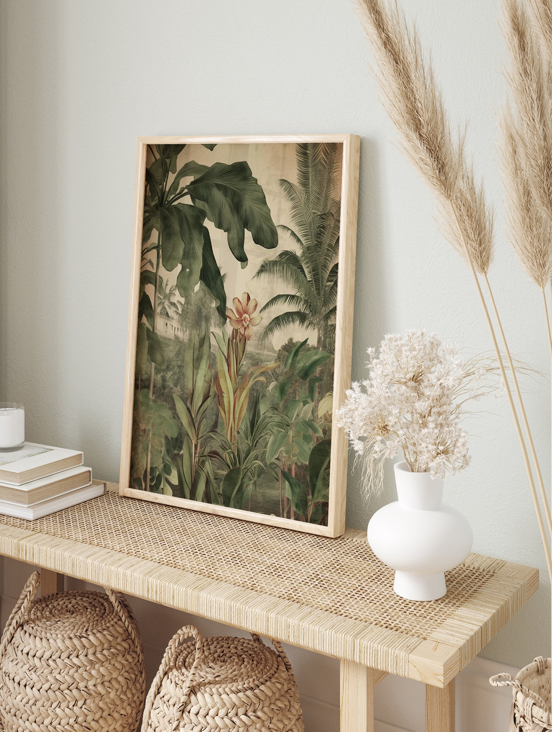 Tropical botanical poster with vintage jungle illustration featuring lush green leaves, a central orange flower, and distant buildings. - Image 4