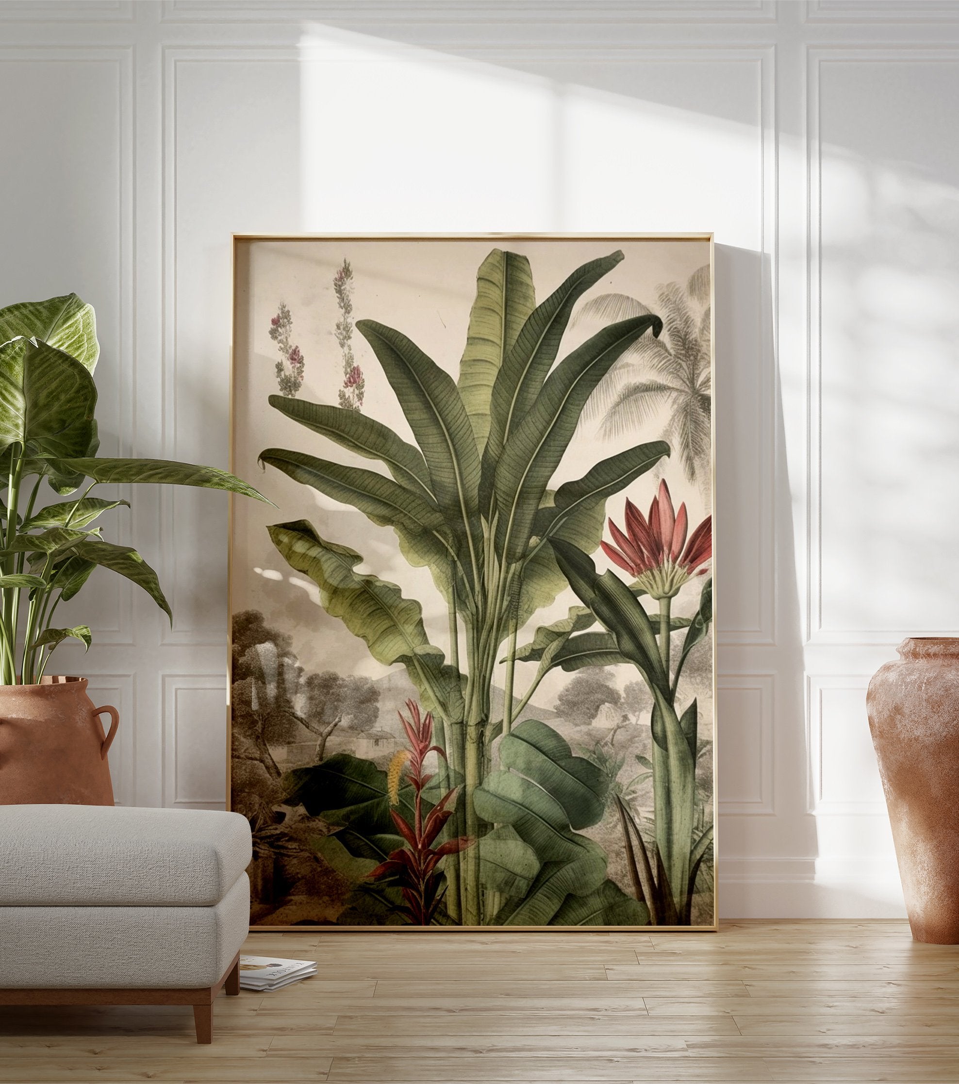 Tropical botanical poster featuring large green banana plants, red flowers, and a detailed vintage landscape illustration. - Image 3