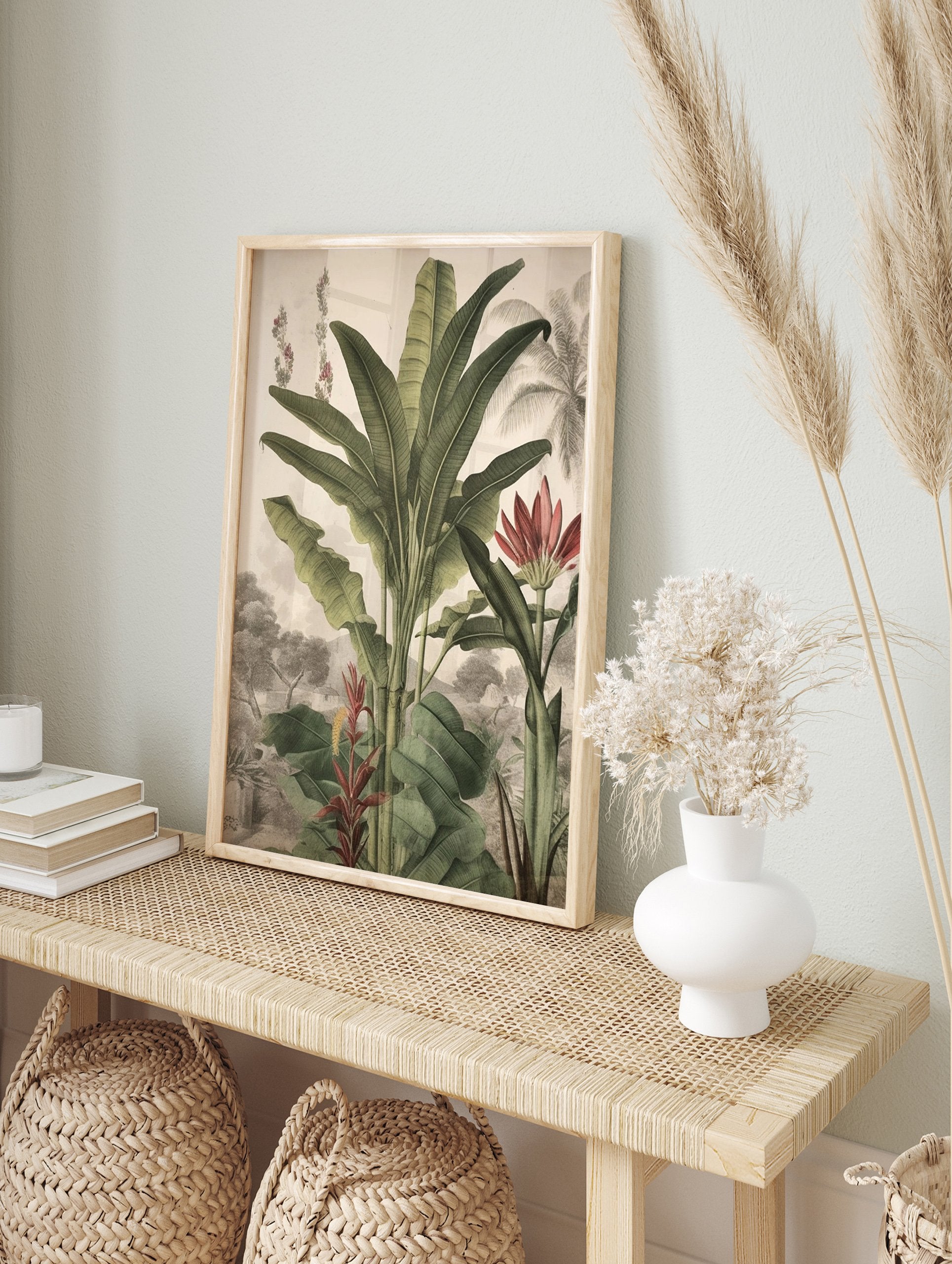 Tropical botanical poster featuring large green banana plants, red flowers, and a detailed vintage landscape illustration. - Image 4