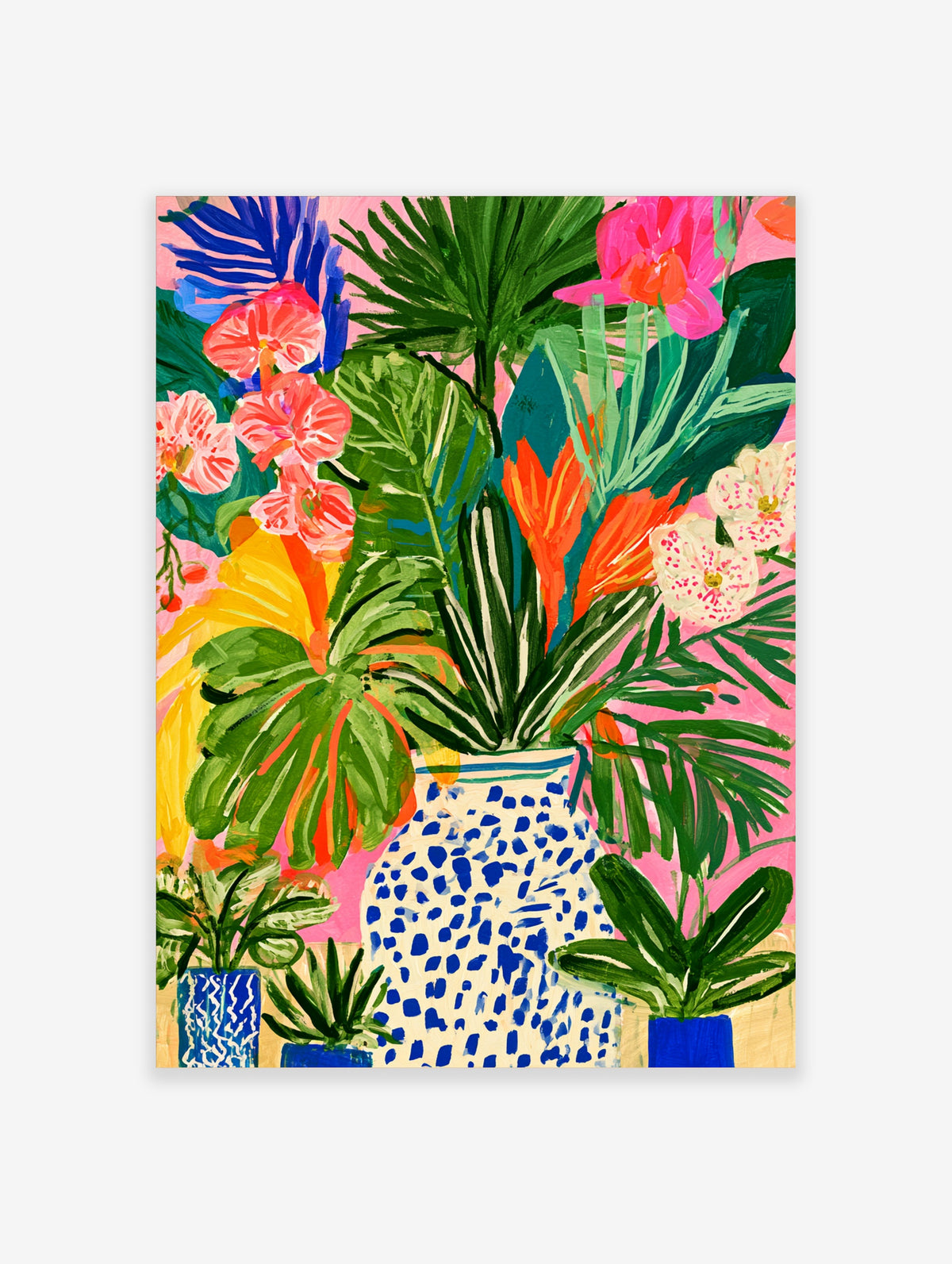 Tropical botanical art print of a blue spotted vase with pink orchids, orange flowers and green palm leaves on a pink