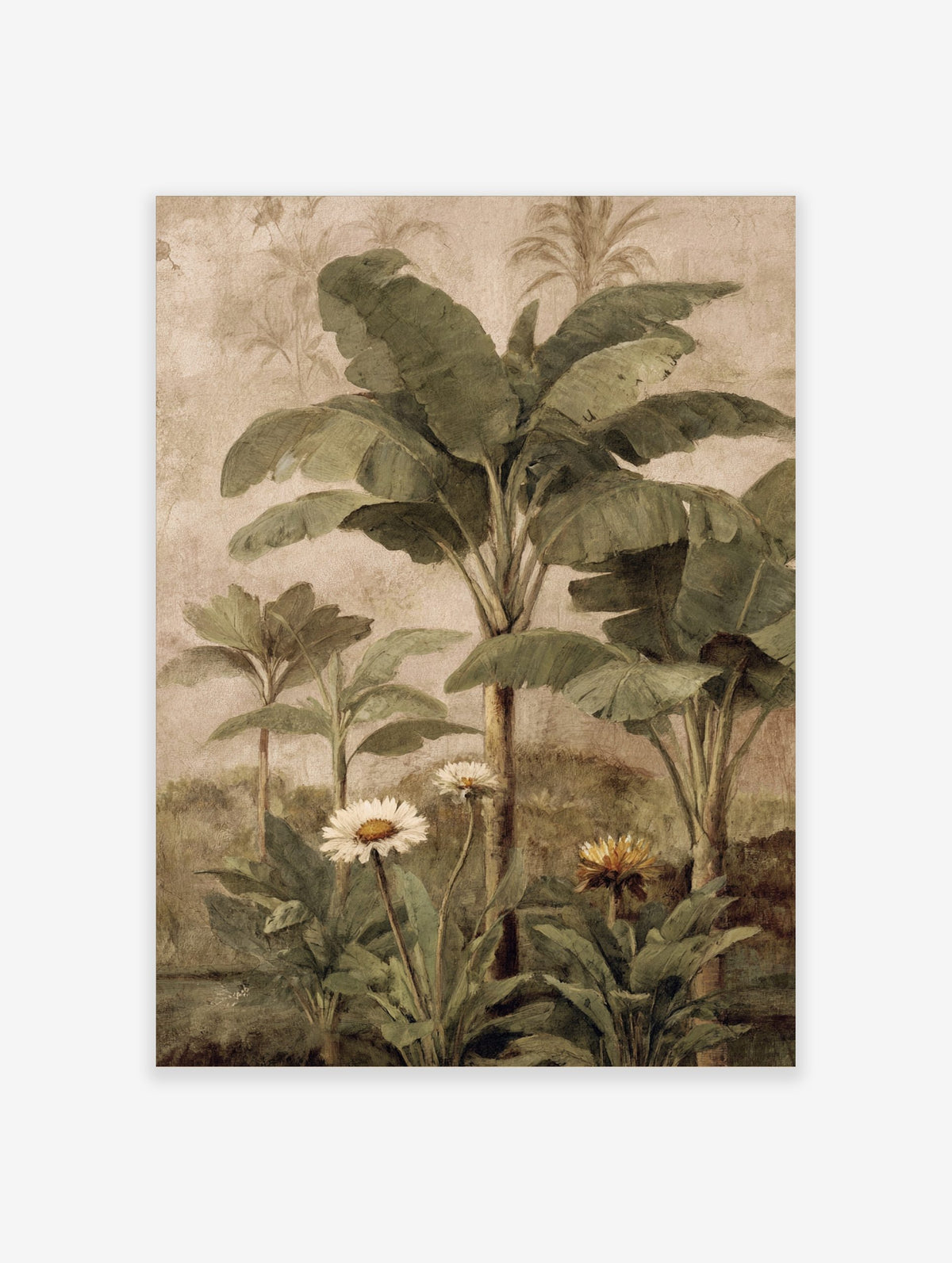 Tropical botanical painting with green banana leaves, palm trees, white daisies, and yellow flower