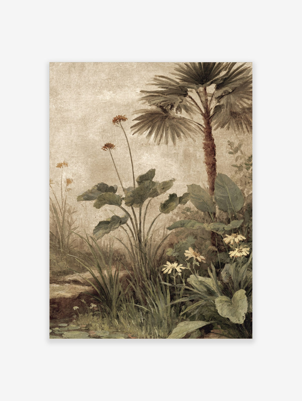 Vintage tropical botanical illustration with palm tree, large green leaves, and reddish-brown flowers on a beige background