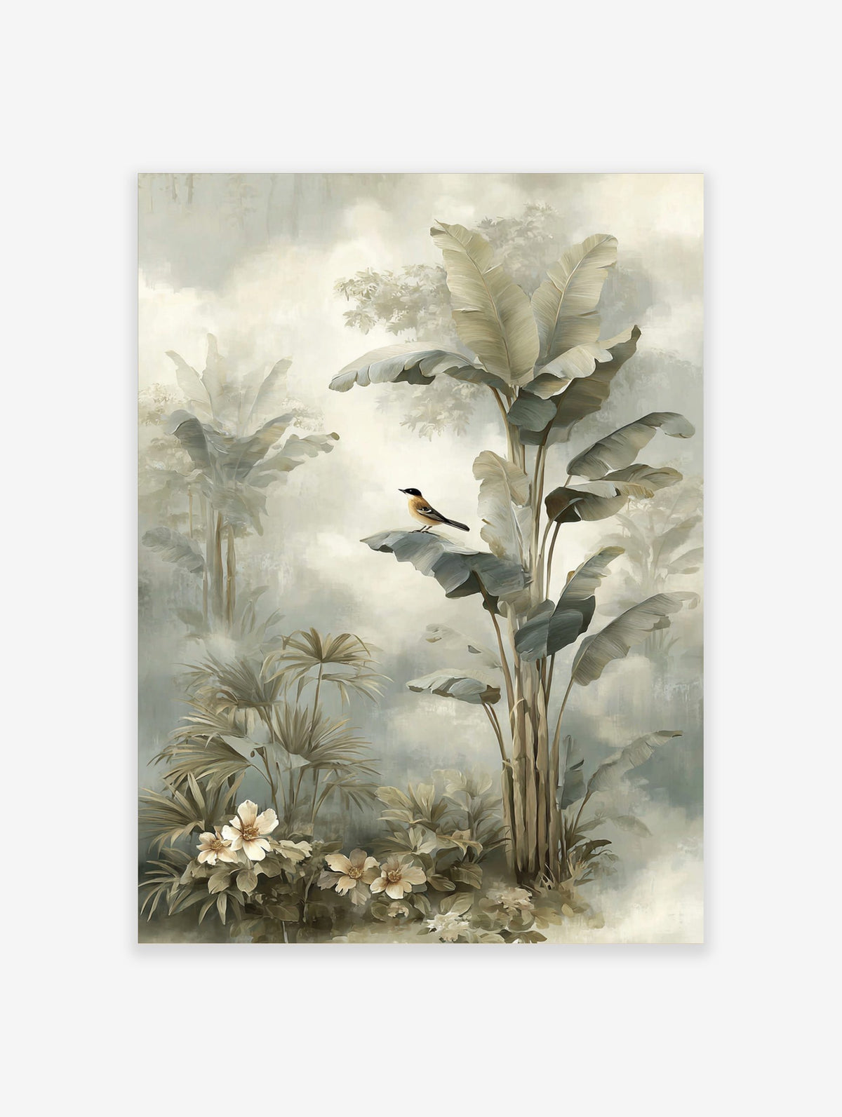 Illustrative tropical jungle print with a small bird on a banana leaf, palm plants, and white flowers in muted green and