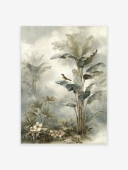Illustrative tropical jungle print with a small bird on a banana leaf, palm plants, and white flowers in muted green and