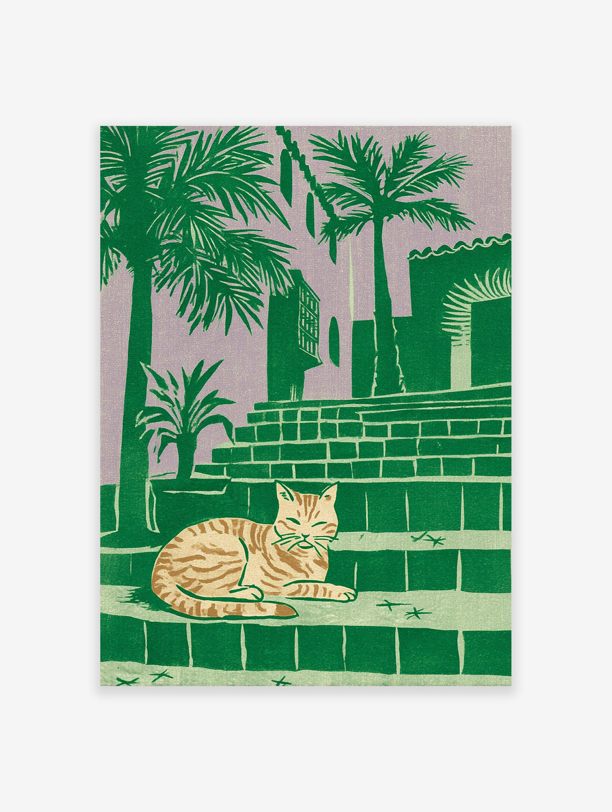 Tropical cat print of a striped feline resting on steps with palm trees and a building against a purple sky.