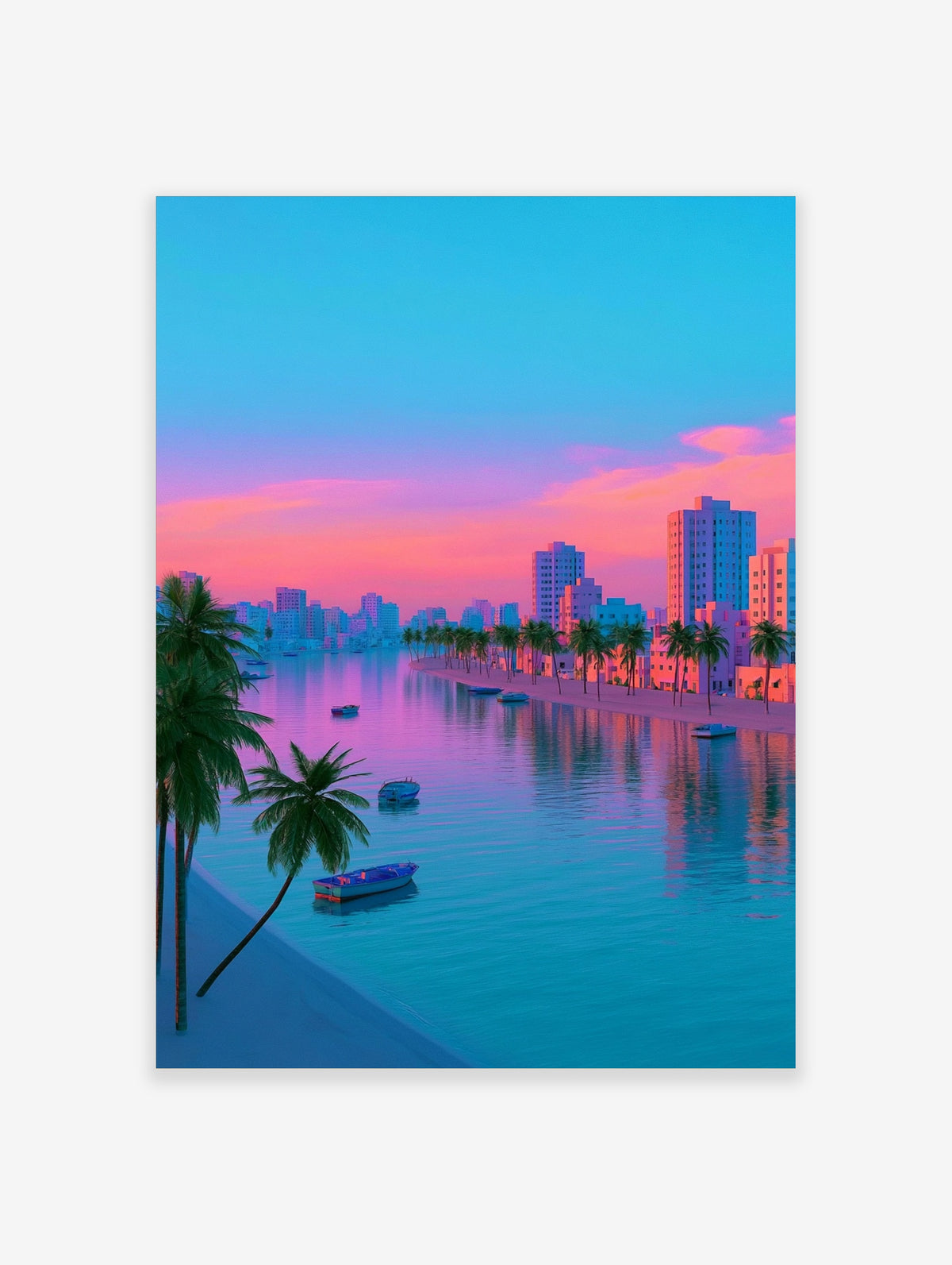 Tropical coastal city poster with palm trees, boats, and pink teal sunset over water