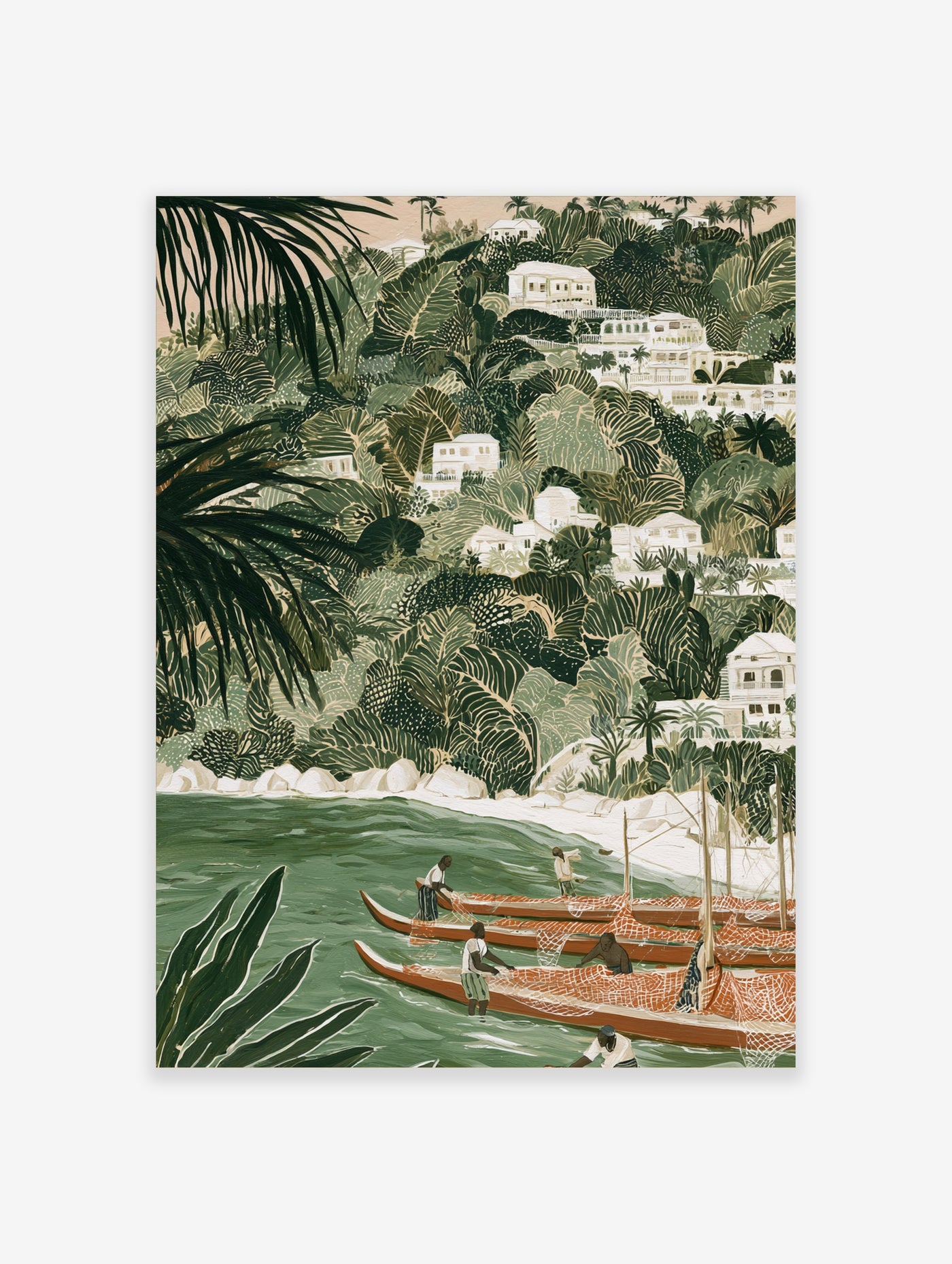 Tropical coastal landscape art print with fishermen in boats and green hillside houses in an illustrative style
