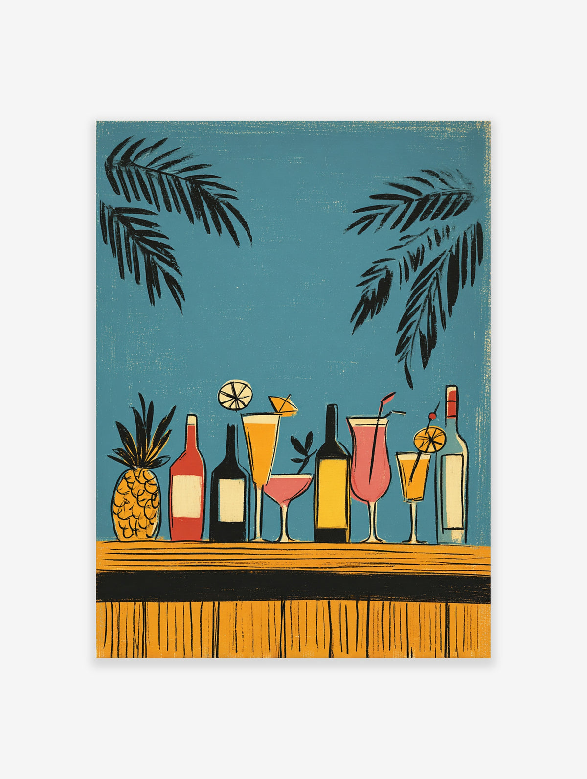 Tropical cocktail bar poster with pineapple, bottles, cocktails and palm leaves on teal background